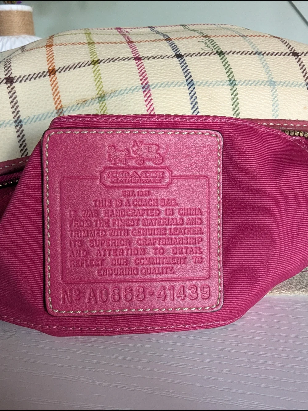 Coach Cream Plaid Canvas Shoulder Bag with Pink Accent
